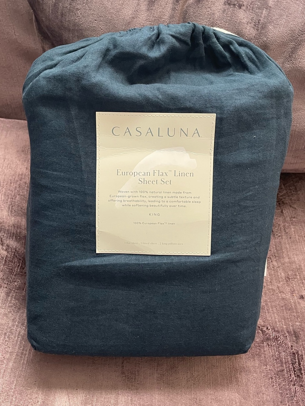 NWT King 100% Linen Sheet Set Dark Mineral Blue - Casaluna